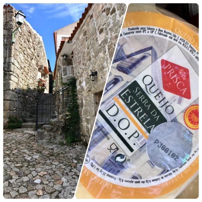 On the left, a street in Linhares da Beira, municipality of Celorico da Beira. On the right, a piece of Serra da Estrela cheese.